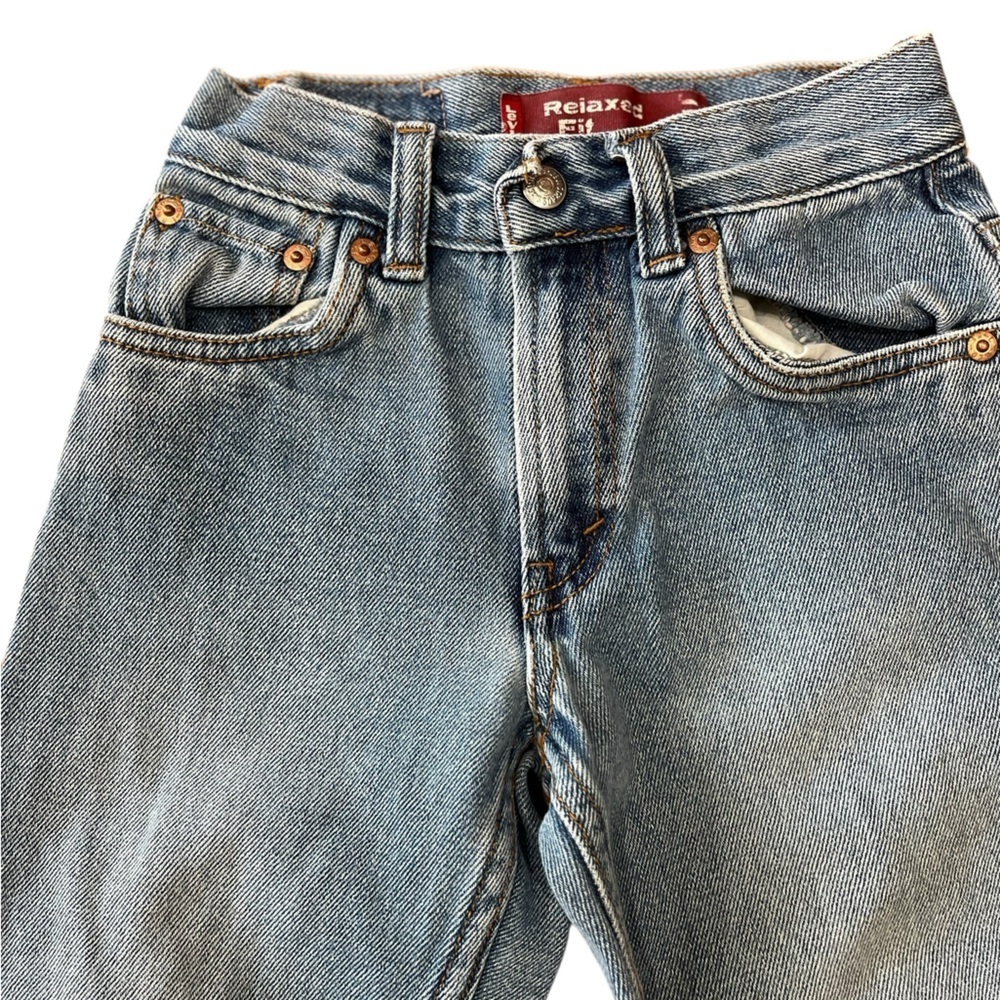 Reworked kids relaxed fit Levi’s Stylish Blue Jeans with Unique Patches-6 - Picture 4 of 7